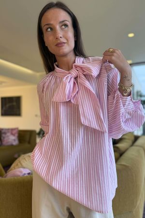 Nantucket Stripe Tie Neck Blouse Soft Peony